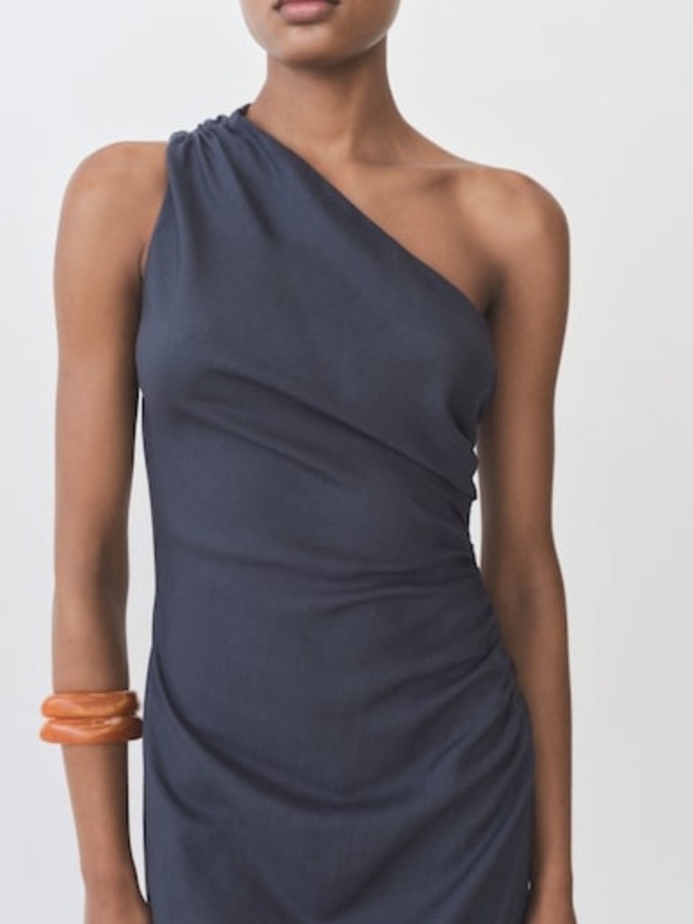 Mango Asymmetrical One-Shoulder Midi Dress Indigo Blue Ruched US Size 8 new NWT
